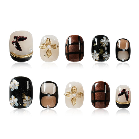 Tesytto Handmade Press On Nails Short Square, 3D Gold Flower & Butterfly Fake Nails with Pearls, Plaid & Black Design Glossy Reusable False Nails for Nail Art Decorations(Vintage Black Gold,M)