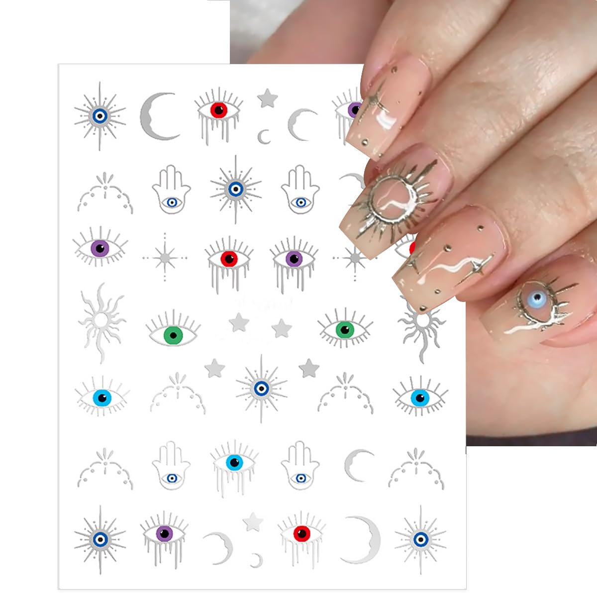 6 Sheets Halloween Eye Nail Art Stickers 3D Self Adhesive Gold Silver Nail Stickers Gothic Eye Nail Decals Star Sun Nail Art Supplies Halloween Holiday Nails Supply for Women DIY Manicure Kit