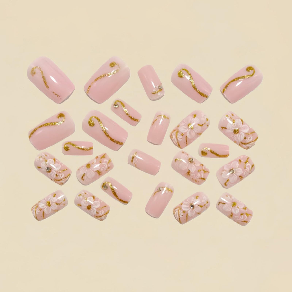Medium Square Nails Pink Base White Floral Patterns Gold Foil Stripes White Bare Diamonds Decorations Glue on Nails Glossy Surface Fashion Style Manicure Artificial Nails Spring Vibe 24 Pcs