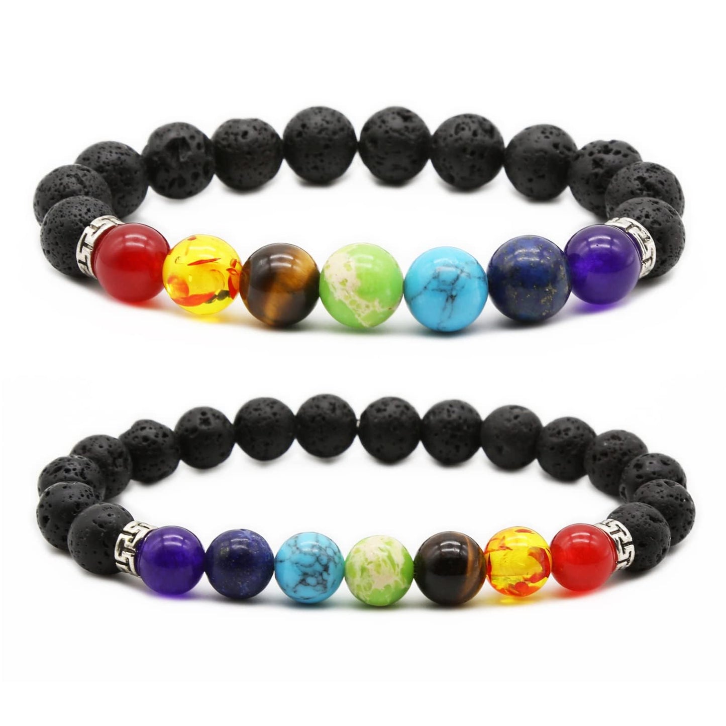 HEDQFM 2pcs 10mm 8mm Lava Rock 7 Chakra Bracelet Aromatherapy Essential Oil Diffuser Bracelets Couples Yoga Beads Bracelet Lava Stone Stretch Bracelet for Men Women