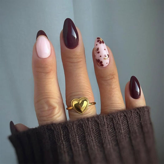 Burgundy Press on Nails Short Almond Glitter Flower Fake Nails Wine Red French Tip False Nails Press ons with Floral Design Glossy Acrylic Full Cover Winter Stick on Nails for Women Manicure 24Pcs