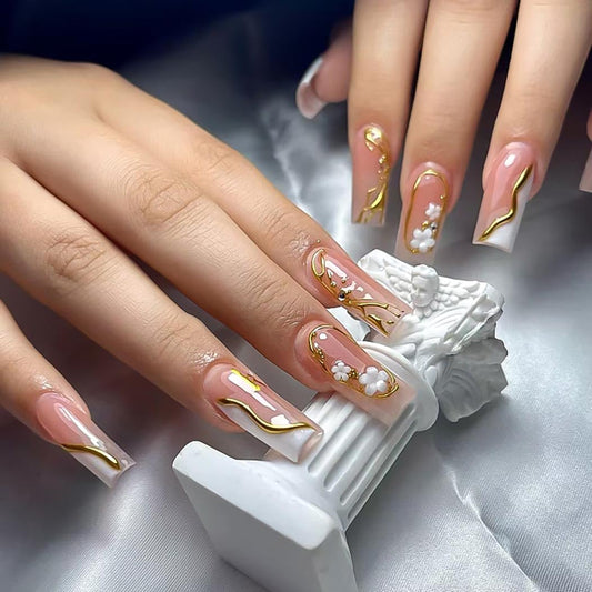 RikView Coffin Press on Nails Long Fake Nails with 3D Flowers Design Golden Nails Glossy Full Cover Nails for Women 24 PCs/Set