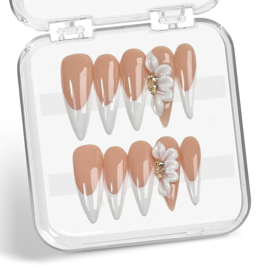 Stiletto Almond Press on Nails White French 3D Embossed Flower Fake Nails Medium Handmade Press on Nails Thick Acrylic and Muti-Layer Gel False Nails Stick on Nails DIY Art Decorate for Women (S)