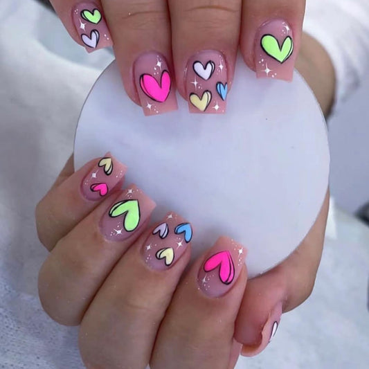 FIEONCIY Press on Nails Short Square Shaped Glossy Full Cover Acrylic Extra Short Square False Nails with Love Heart Designs Artificial Fake Nails Glue Stick ons Fingernails for Women Girls(A304)