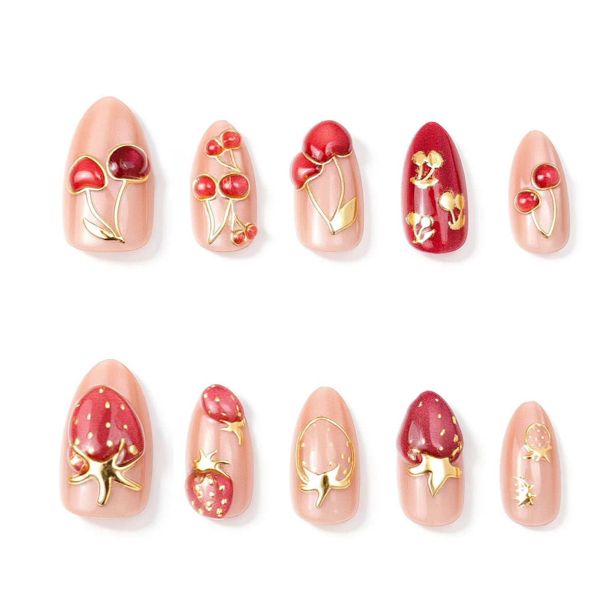 30Pcs Short Almond Press on Nails Valentines Fake Nails with 3D Strawberry Cherry Designs Gilded Lines False Nails Nude Glossy Full Cover Fruit Acrylic Stick on Nails for Women Festive Manicure Decor