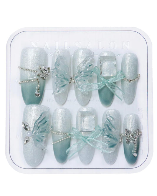 CAMILCY Press on Nails Handmade Nails Luxury Reusable Fake Nails For Girls long Almond armor Gradient Blue Diamonds HandPainted Salon Loveful Design Acrylic GelUV Finished 3D Nails 10PCS(A018, M)
