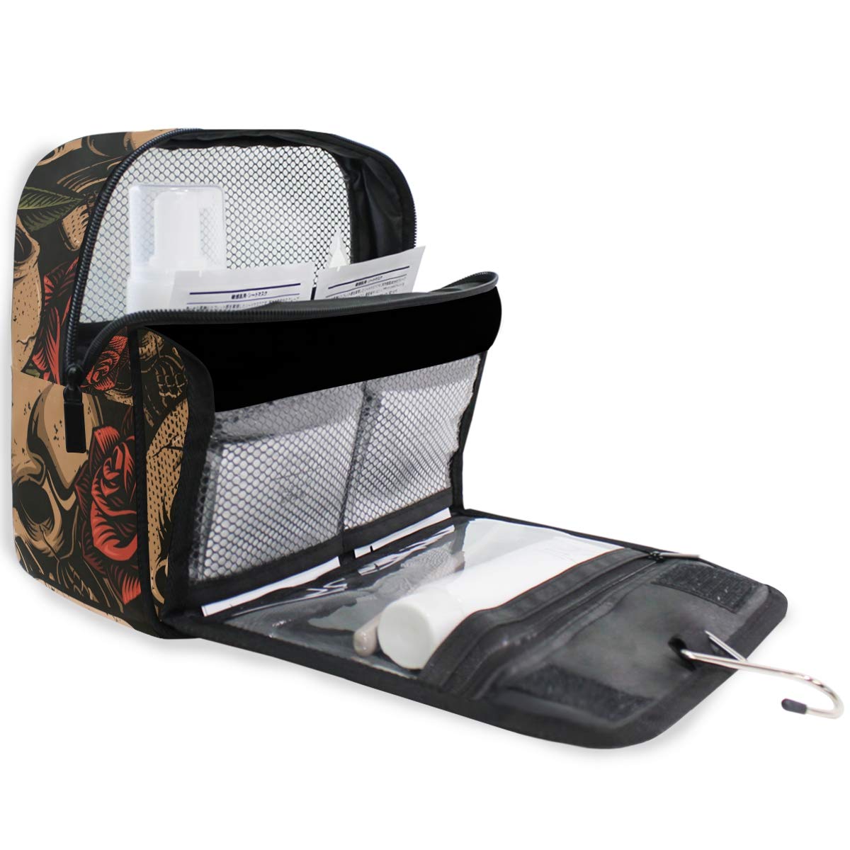 ALAZA Skull With Rose Vintage Travel Toiletry Bag Hanging Multifunction Cosmetic Case Portable Makeup Pouch Organizer with Hook