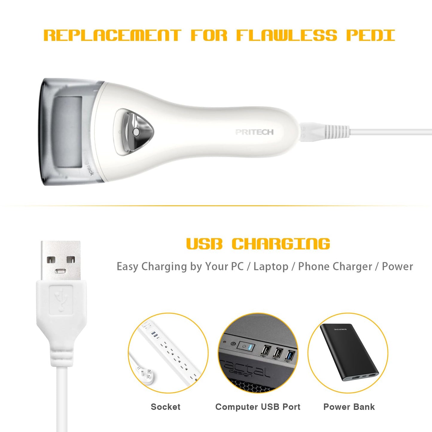 2 Pcs Charger Cord Replacement for Pritech BCM-1138 Electric Feet Callus Remover Foot Pedicure, Power Adapter USB Cable for Electric Feet Callus Remover