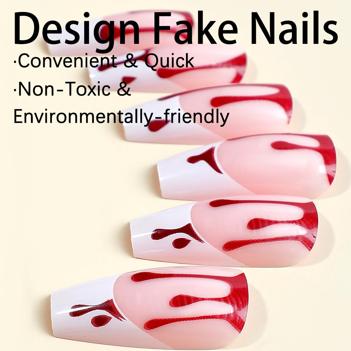 Halloween Press on Nails Long Square Fake Nails with Design Red Blood Drops Glue on Nails White French Tip False Nail Full Cover Coffin Nail Press Ons Acrylic Stick on Nail for Women 24Pcs