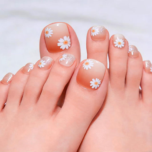 Flower Press on Toenails,Short Square Fake Toenail with Glitter French Designs Orange Brown Gradient Toenails Full Cover Glossy Acrylic Stick on Toes Nails for Women Girls 24Pcs