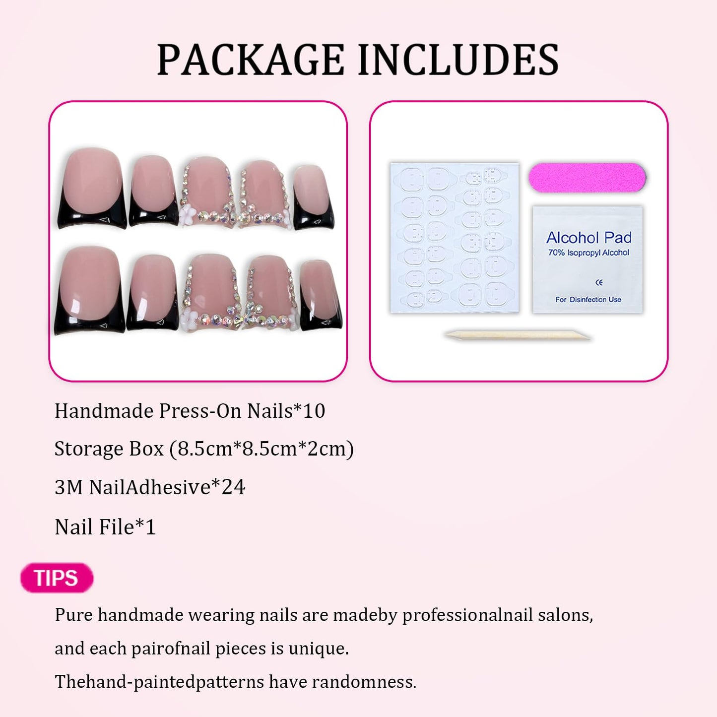 Handmade Press on Nails Muti-Layer Gel Acrylic Nail Short Duck Black French Tip Fake Nails Flower & Rhinestones Designs Luxury Handmade False Nail Art Full Cover Thickened Stick on Nails for Women (M)