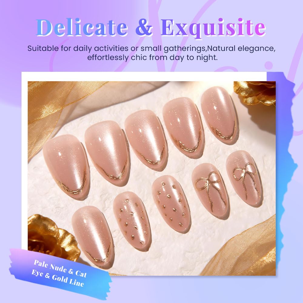 evpct Pale Nude Cat Eye Press on Nails Short Almond No Glue, 3D Gold Line Design Short Almond Stick on Nails for Women, Reusable Full Cover Soft Press on Fake Nail Perfectly Fit with 3D Bowknot Design