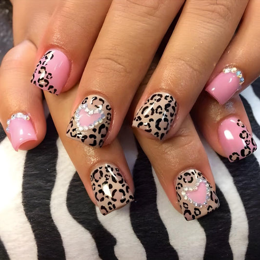 Press on Nails Short Square - Pink Fake Nails with Leopard Print Design - Heart Rhinestone Full Cover Stick on Winter False Nails for Women 24 Pcs