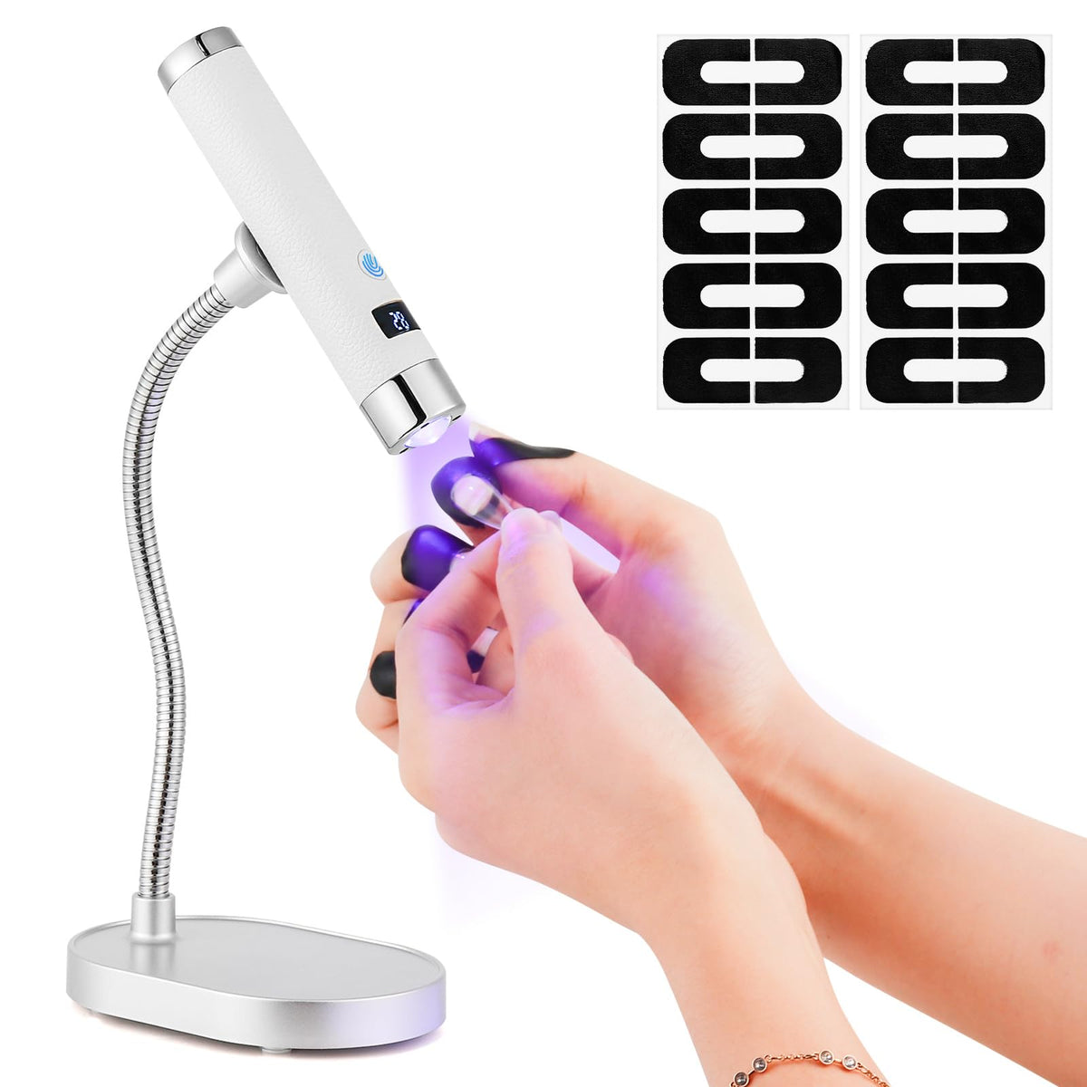 LIARTY UV Nail Lamp Cordless: Mini Rechargeable Auto Sensor LCD Display 2 Timers - Gooseneck Flash Curing Light Pen for Gel Nails Polish with Base (White)