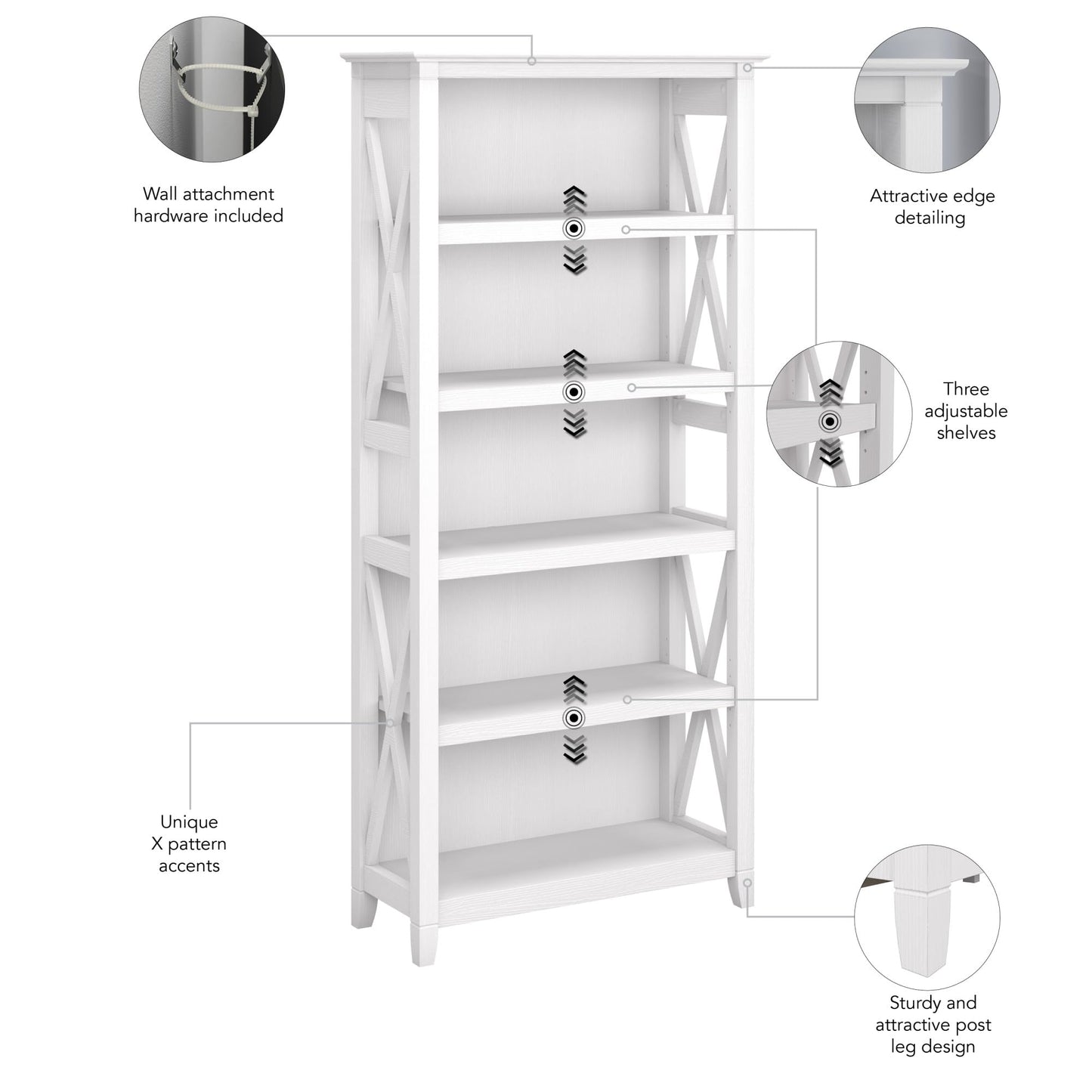 Bush Home Tall 5 Shelf Bookcase for Living Room or Home Office, Large Bookshelf, Modern Farmhouse Style, Key West Collection, Pure White Oak