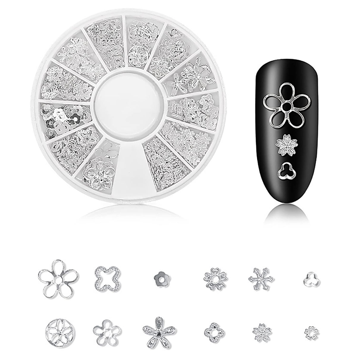 DANNEASY 3D Nail Charms Nail Jewels Silver Nail Art Charms Charms for Nails Metal Nail Studs Nail Jewelry for Acrylic Nails DIY Craft Nail Decoration (6 Boxes)