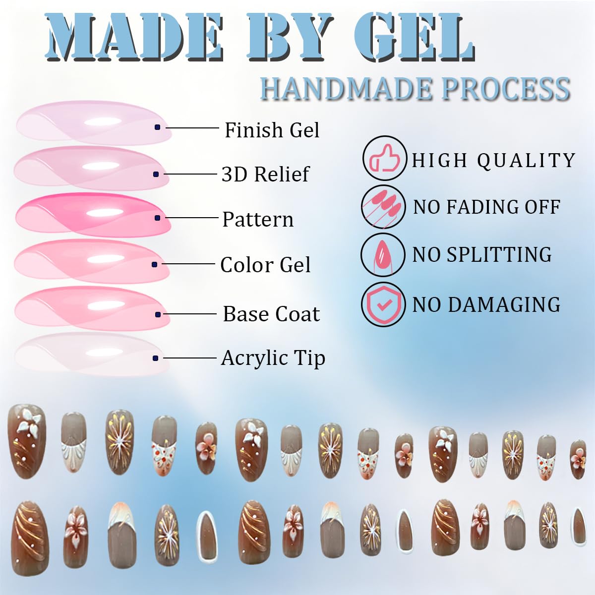 3D Press On Nails Almond Medium Wihte French Fake Nails with Embossed Flower&Lines Designs, Acrylic Artificial Nail Press ons False Stick On Nails for Women Girls 30Pcs