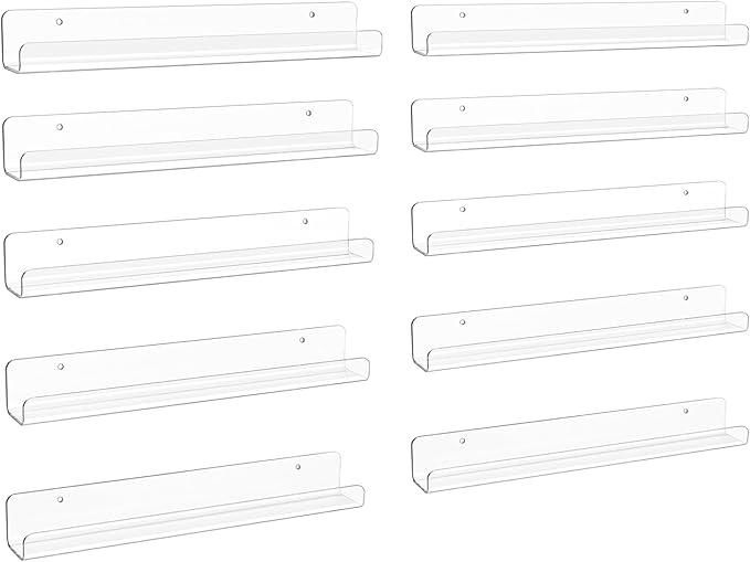 upsimples 10 Pack Clear Acrylic Shelves, 1.7" x12" Clear Wall Shelves for Nail Polish, Vinyl Wall Mount, Record Holder, Magazine Rack, Comic Display, Picture Ledge Shelf DÃ©cor