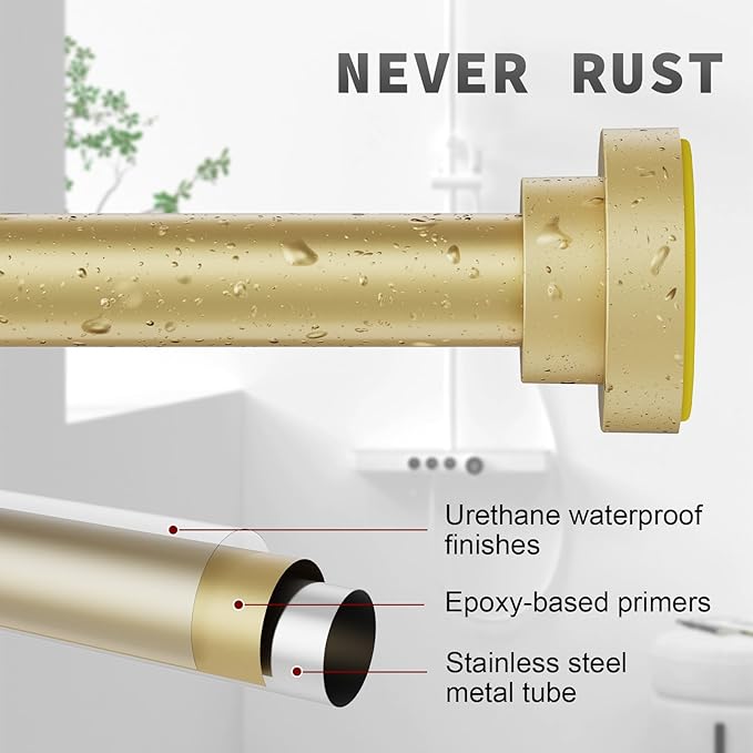 Thestoa Gold Shower Curtain Rod Adjustable 43-92 inch, 1"Diameter Spring Tension Curtain Rod No Drill, Anti-Rust Non-Slip Shower Rod for Bathroom