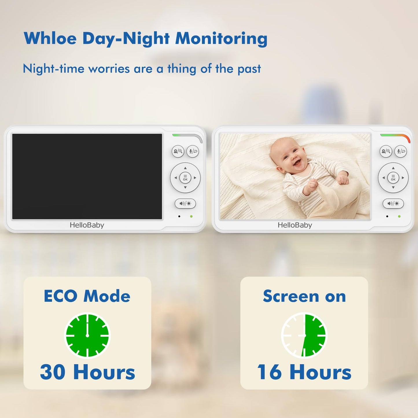 HelloBaby World's First 6" IPS Split Screen Baby Monitor with 2 Cameras - No WiFi, 30hr Battery, 355° Pan-Tilt, Night Vision, 1000ft, Portable Travel Video Audio Monitors with Temp Alert/Lullabies/VOX
