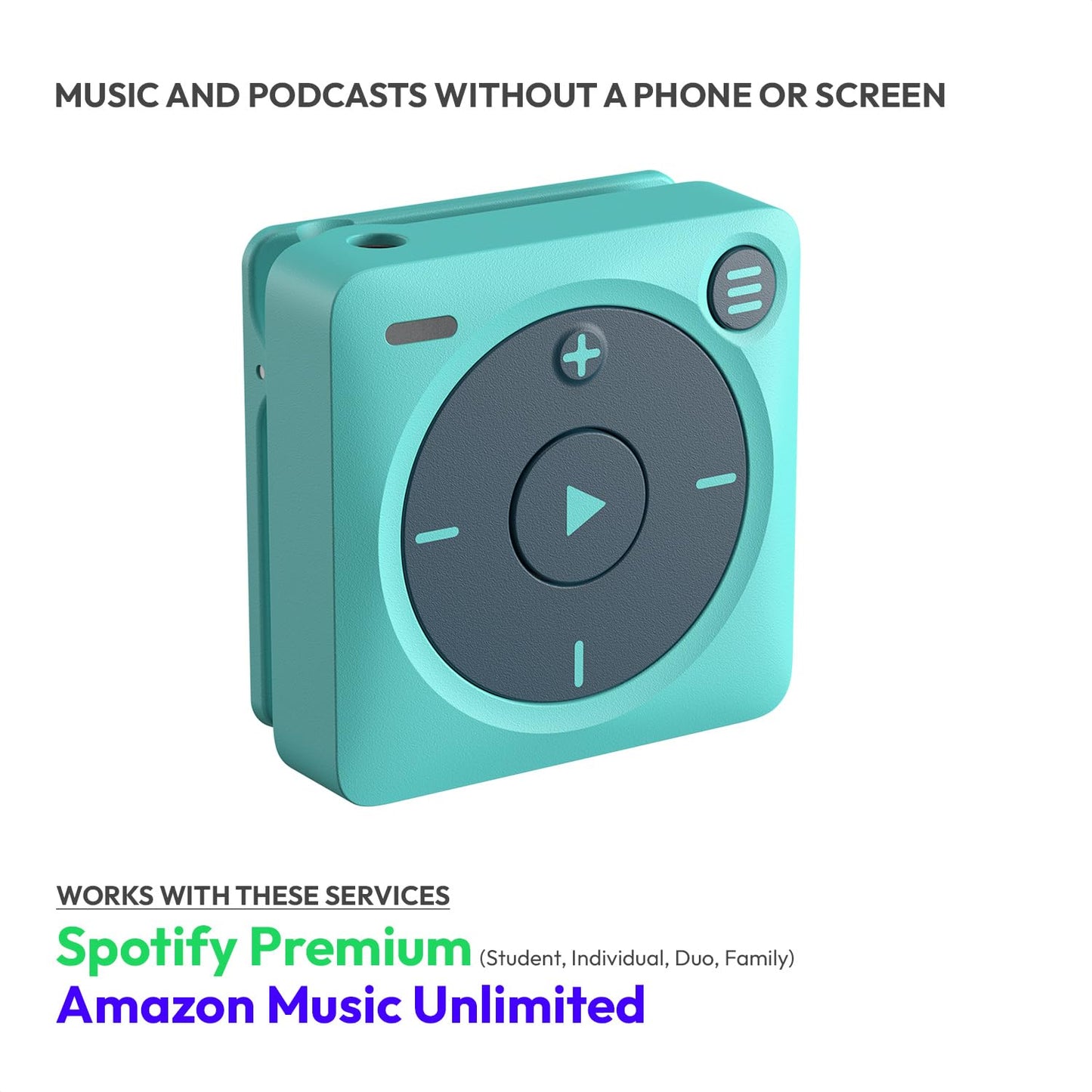 Mighty 3 Spotify & Amazon Music Player (2026 Edition) – Portable, Screen-Free, Works Offline – Compatible with Bluetooth & Wired Headphones – Stores 1,000+ Songs – No Phone Required (Blue)