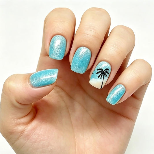 Summer Press on Nails Short Square Fake Nails Beach Coconut Tree False Nails Blue Glitter Acrylic Nails Artificial Full Cover Stick on Nails for Women Manicure 24Pcs
