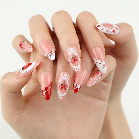 Strawberry Press on Nails Medium Almond, Bow French Tip Fake Nails with Glue, Strawberries Bows Pearl Rhinestones Stick on Nails Full Cover Pink Glossy False Nails for Women Manicure Decoration, 24PCS