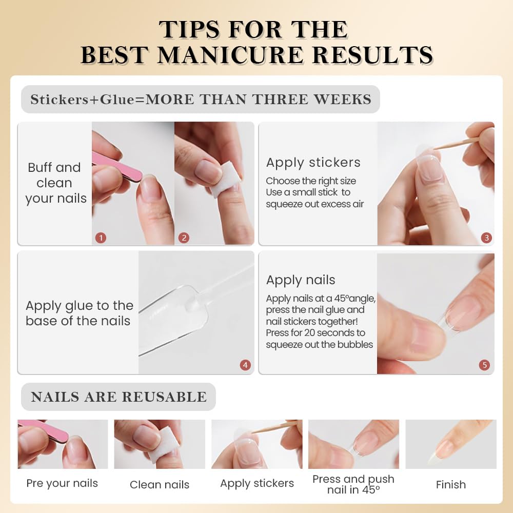 evpct French Tip Press On Nails Almond Medium, Nude Pink + Gold Line & Wihte Tips, Medium Almond Fake False Press on Nails, Soft Gel Stick on nail Press ons with Nail Kit, Reusable Salon Quality