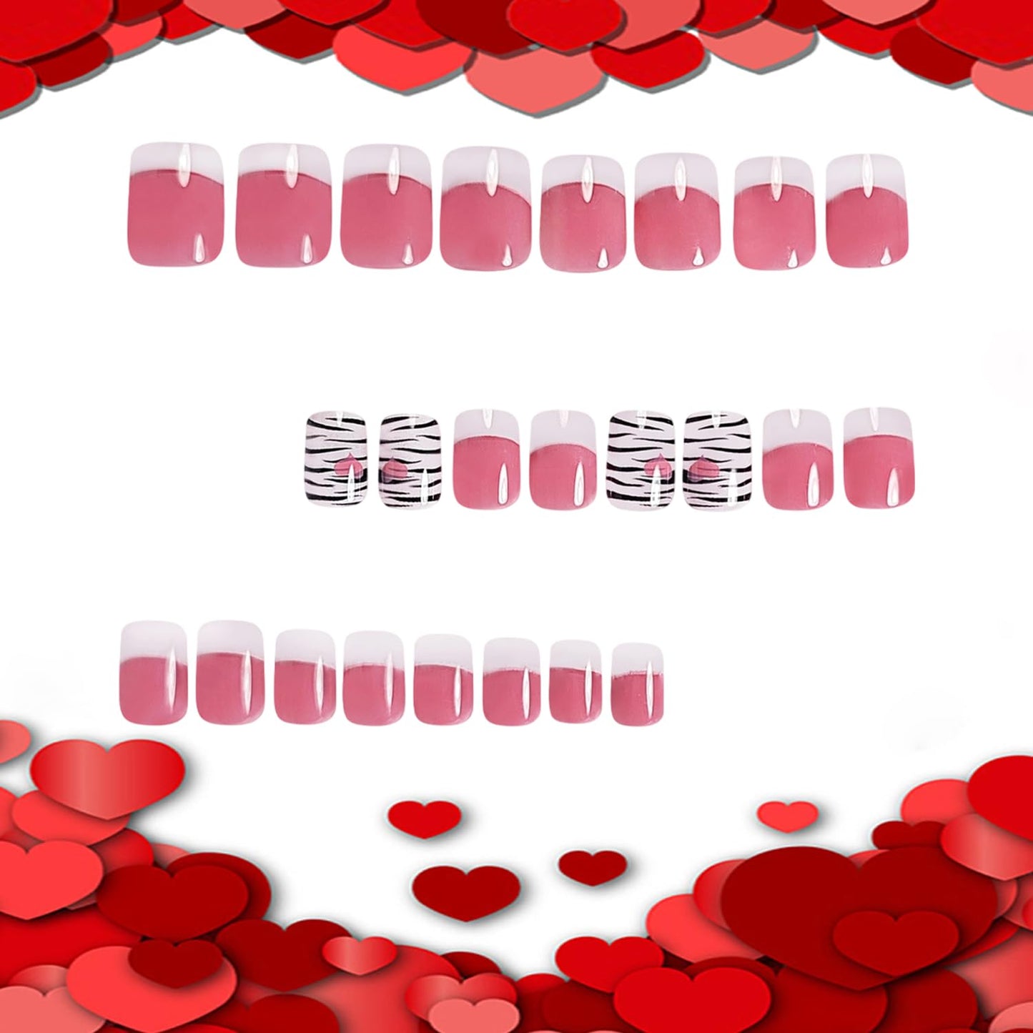 24Pcs Valentines Press on Nails Short Square Artificial Acrylic French White Tip Fake Nails Black Lines with Pink Love Full Cover Glossy Glue on Nail Heart Stick on Nail for Women Festival Manicure