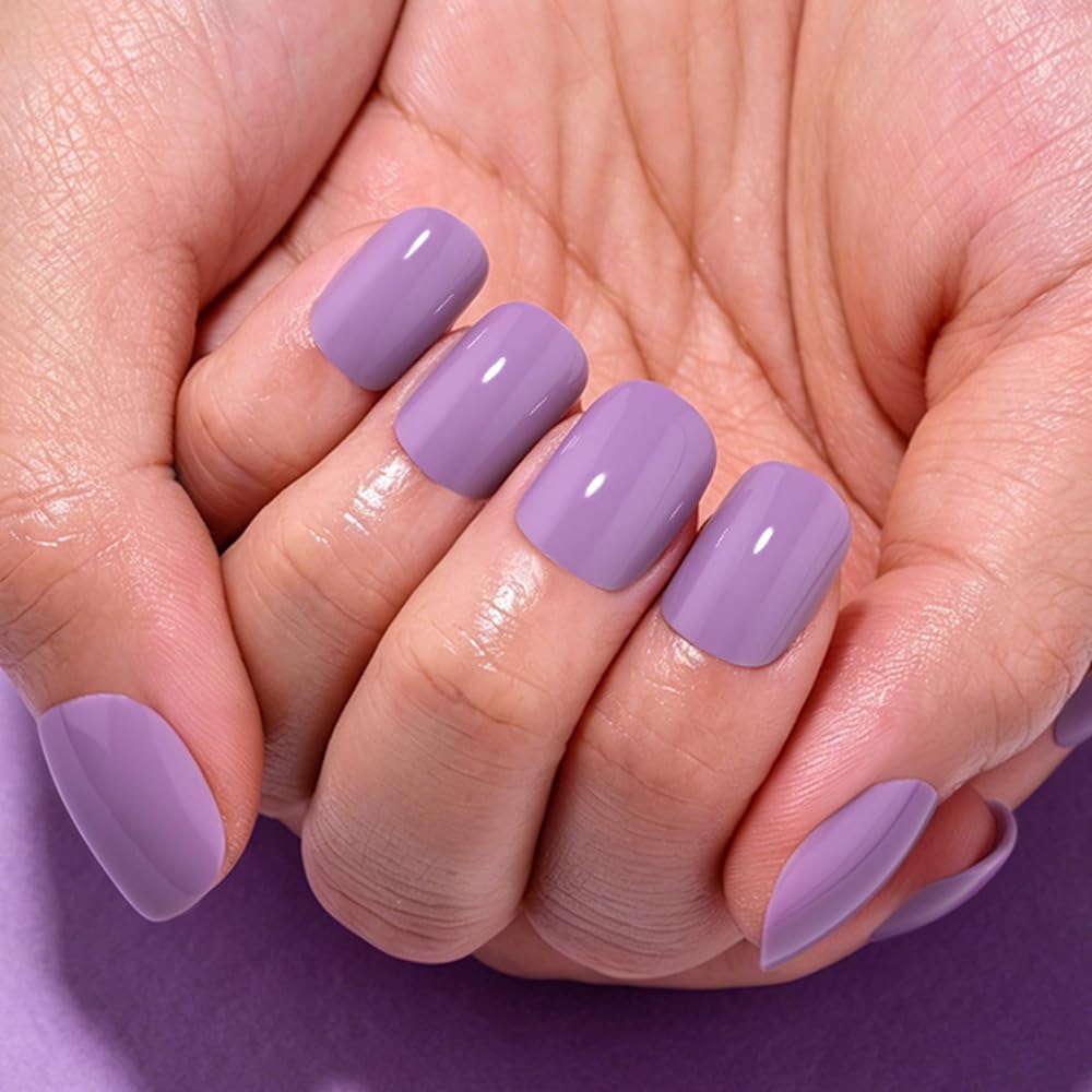 evpct Violet Purple Glossy Squoval Short Press on Nails for Women, Purple Extra Short Squoval No Glue Stick on Nails with Kit, Reusable Full Cover Soft Press on Fake Nail Salon-quality Perfectly Fit