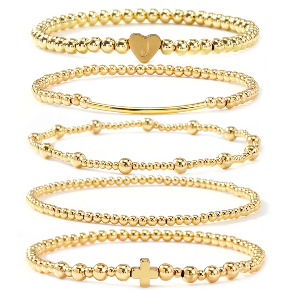 14K Gold Cross Beaded Initial Bracelet Stack for Women,Dainty Stretch Gold Plated Letter “J” Stackable Bracelets Bohemian Layered Prom Party Accessories Jewelry Gift Friendship