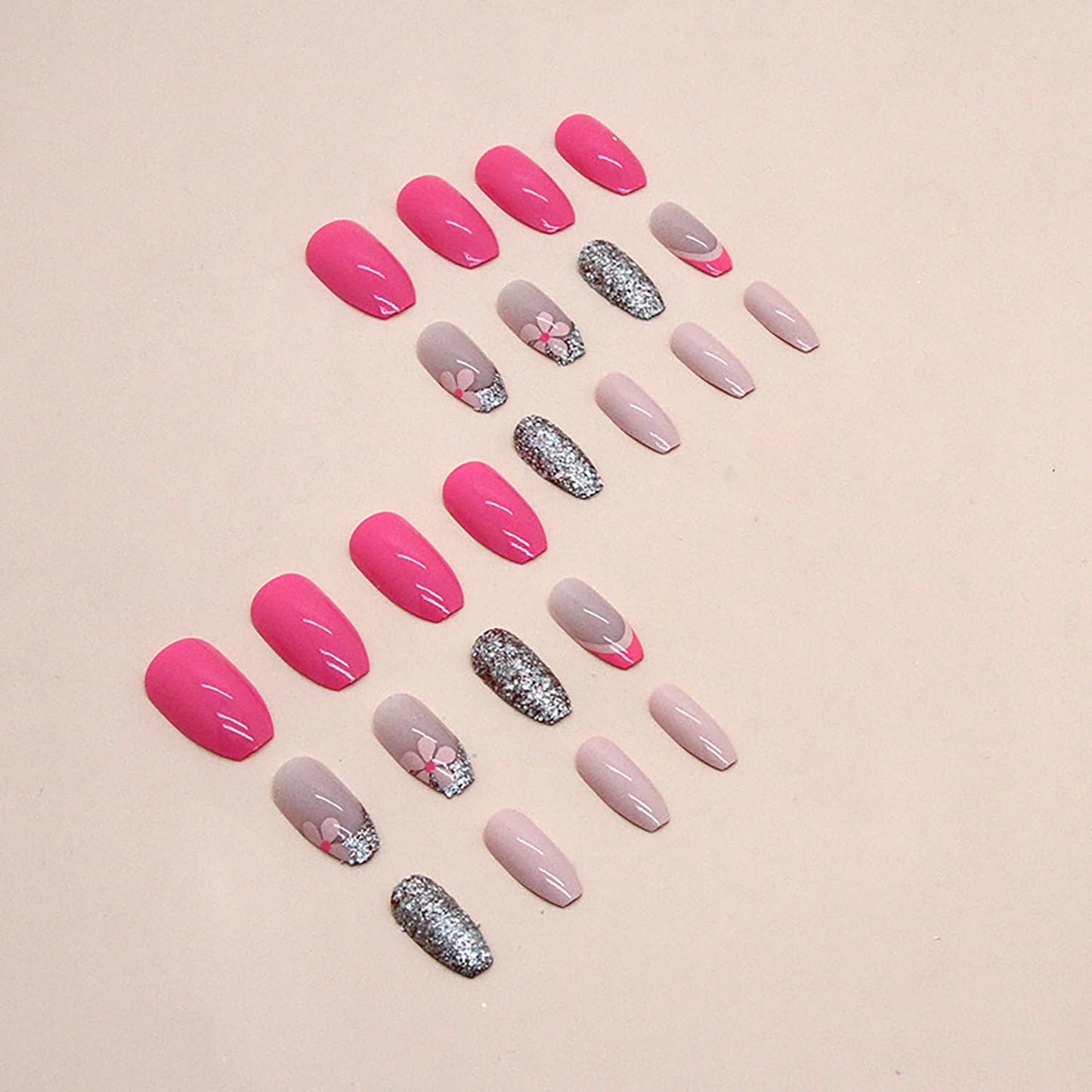 Pink Press on Nails Medium Coffin SWEKKE French Tip Fake Nails Full Cover Flower False Nails with Designs Sliver Glitter Glossy Glue on Nails Manicure Artificial Acrylic Nails for Women Girls 24Pcs