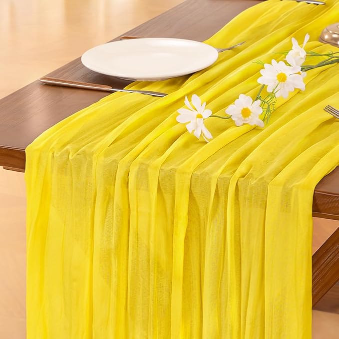 Socomi 6pcs Yellow Cheesecloth Table Runner Boho Rustic Gauze 120 inch 10FT Cheese Cloth Sheer Runner for Wedding Party Baby Shower Birthday Home Decor