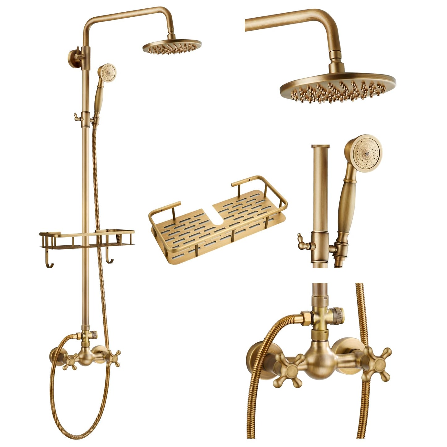 gotonovo Exposed Shower Faucet Set with Shower Shelf 8 inch Rainfall Shower Head with Handheld Sprayer Double Cross Handles Shower System Dual Functions Wall Mounted Antique Brass