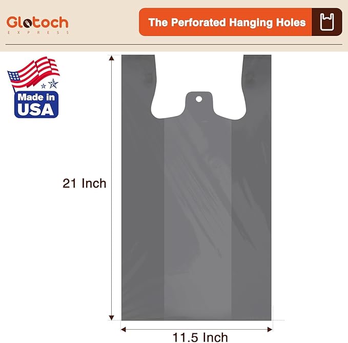 Glotoch 1000 Count - Plastic T-shirt Bags Grey (Plain), 11.5" x 6.5" x 21" Grocery Bags with Handles for Restaurant, Retail, Grocery Store, Takeout, Convenience Stores, Shopping Bag in Bulk