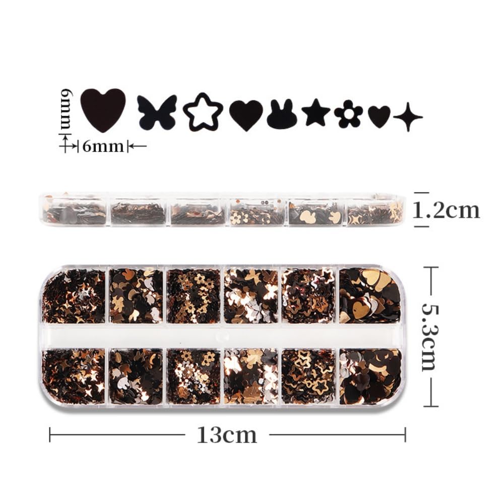 1 Box 2 Color Holographic Butterfly Hearts Nail Glitter Black Gold Nail Sequins 3D Star Flower Nail Flakes Sparkly Powder Flakes Shiny Nail Confetti Rabbits Chunky Glitter for Nails Art 12 Grids