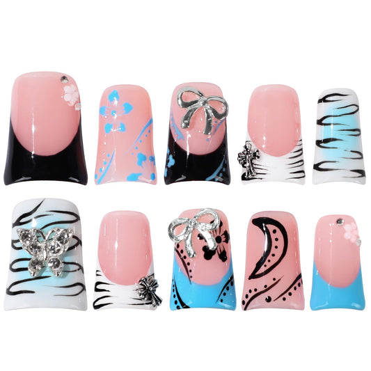 Buleens Handmade Press on Nails Acrylic Duck Nails-10pcs Short Chic Pink Bow Graffiti 3D Fake Nails Kits with Glue