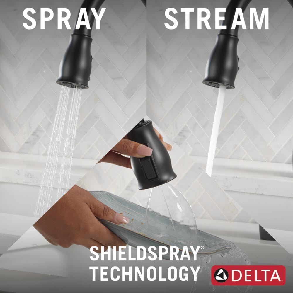 Delta Leland Matte Black Kitchen Faucet with Pull Down Sprayer, Traditional Single Hole Kitchen Sink Faucet, Single Handle, Matte Black 9178-BL-DST