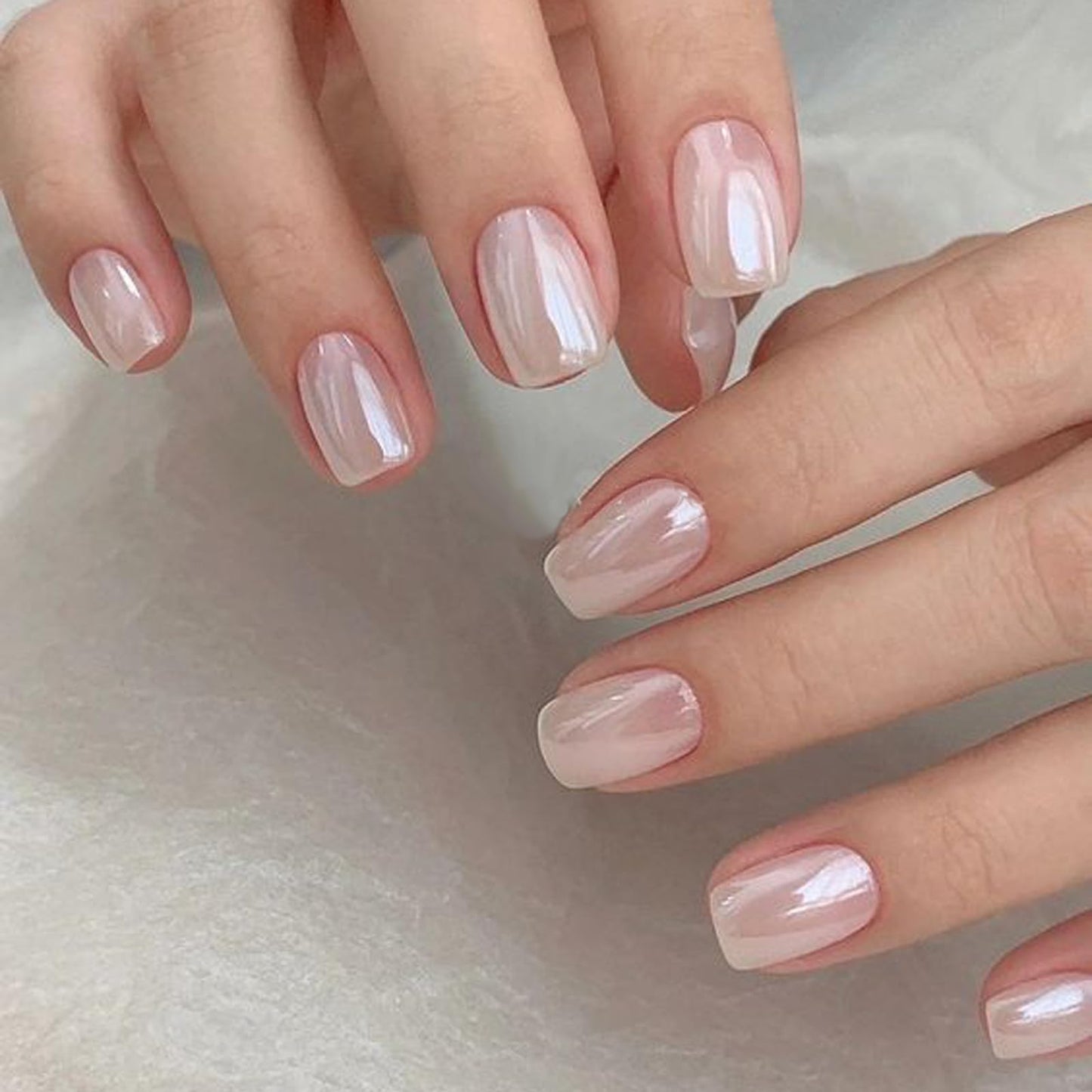 GLAMERMAID Pure White Pearl Chrome Extra Short Press on Nails, Glazed Handmade Gel Fake Nails Short Squoval, Mirror Powder Square Glue on Nails, Acrylic False Nails, Glossy Round Fake Nails for Women