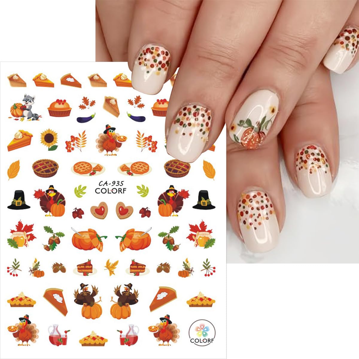 6 Sheets Fall Nail Stickers for Nail Art 3D Cute Turkey Pumpkin Nail Art Stickers Autumn Maple Leaf Sunflower Design Thanksgiving Nail Decals Nail Art Supplies for Women Acrylic Manicure Decoration