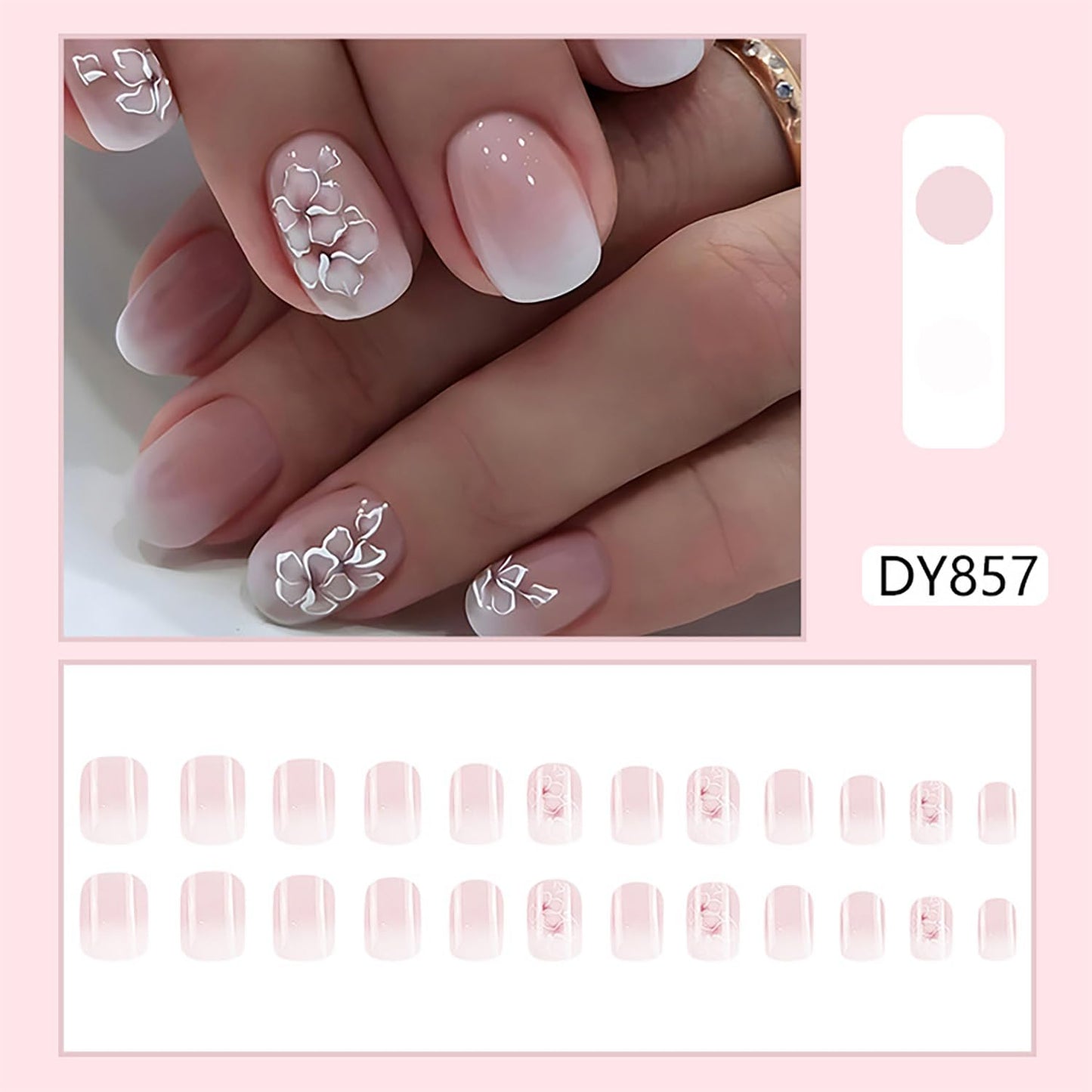 Vezocim Press on Nails Square Short 24Pcs French Tips Pink Press on Nails Coffin with Flower Designs Glossy Full Cover Acrylic Short False Nails Glue Fingernails Artificial Fake Nails for Women Girls