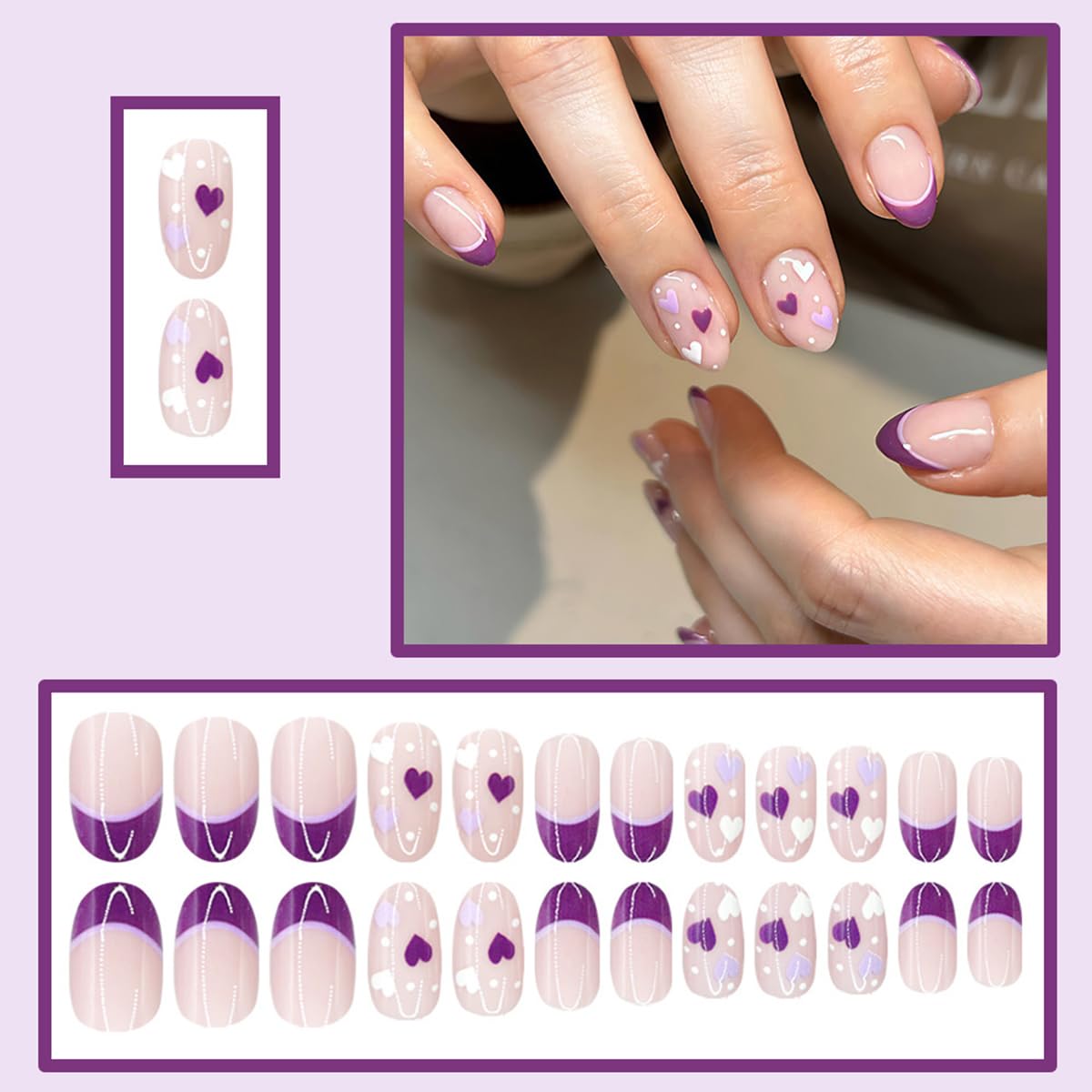 Valentines Hearts Press on Nails Short French Tip Almond Fake Nails 24Pcs Purple French Tip Small Love Polka Dot Design Glossy Acrylic Nails for Women Manicure Valentine's Day Nail Decor Supplies