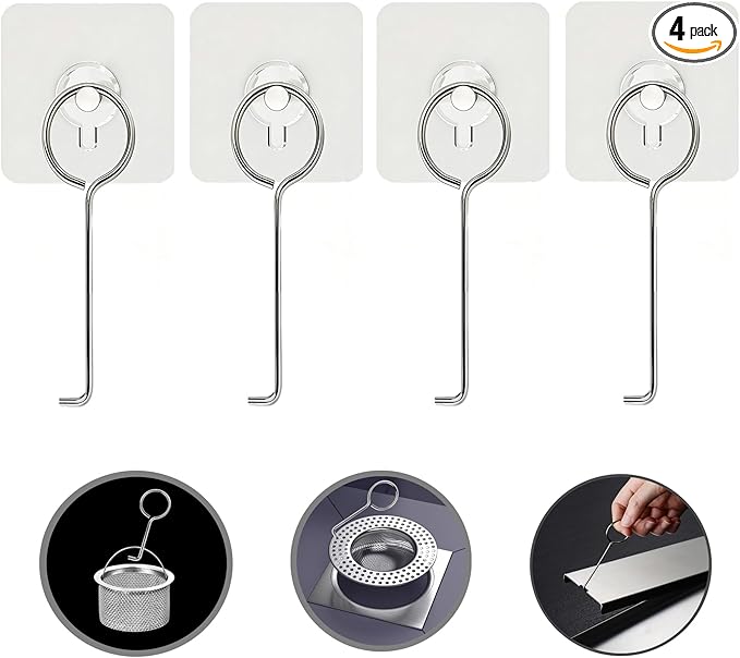 Bathtub Drain & Shower Drain, Tub Drain Wrench Extractor, Drain Plug Removal Tool with Lifting Hooks for Linear Shower Drain Pan, Drain Cleaner, Adhesive Hook 4Pcs