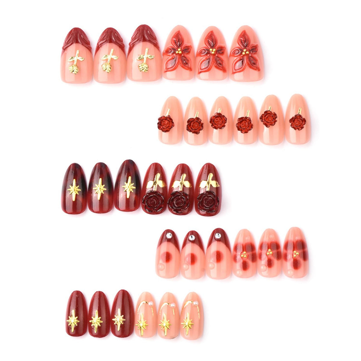 30Pcs Red Flower Press on Nails Short Almond French Tip Fake Nails with Rhinestone Pearls Designs 3D Rose Floral Star False Nails Nude Glossy Full Cover Reusable Valentines Glue on Nails for Women