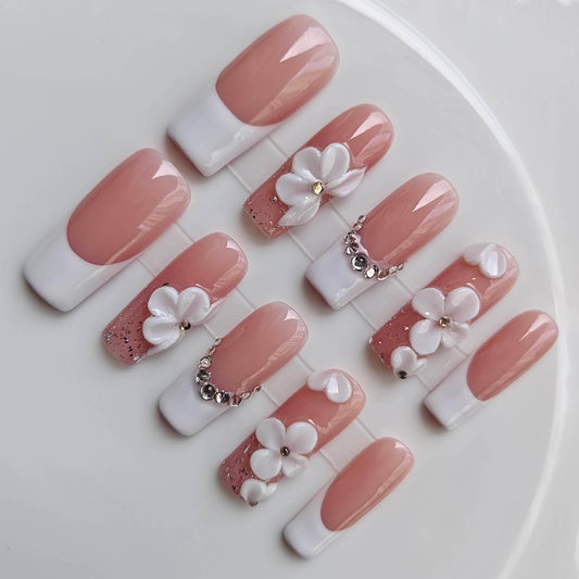 Gleamrain 10pcs Handmade Long Press-on Nails Coffin Shape (M Size) with 3D Flower Designs Nude French Nails Press Ons for Women Suitable for Vacation, Beach Proms, Parties or Daily Wear, D107