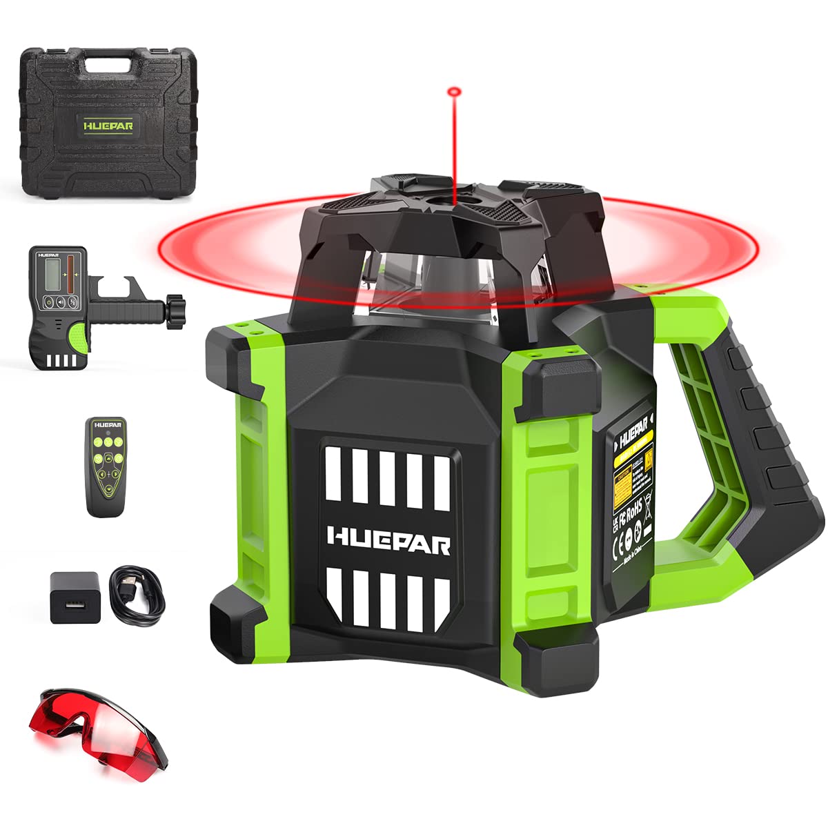 Huepar Electronic Self-Leveling Rotary Red Laser Level Kit - 360 Horizontal Laser Beam Interior/Exterior Rotating Laser Level Tool with Receiver, Protective Glasses, Li-ion Battery, Hard Case RL300HR