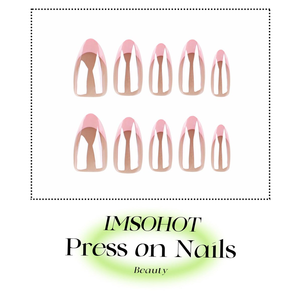 IMSOHOT Chrome Press on Nails Medium Almond Fake Nails Acrylic Pink French Tips False Nails Full Cover Glossy Nude Glue on Nails for Women 24Pcs