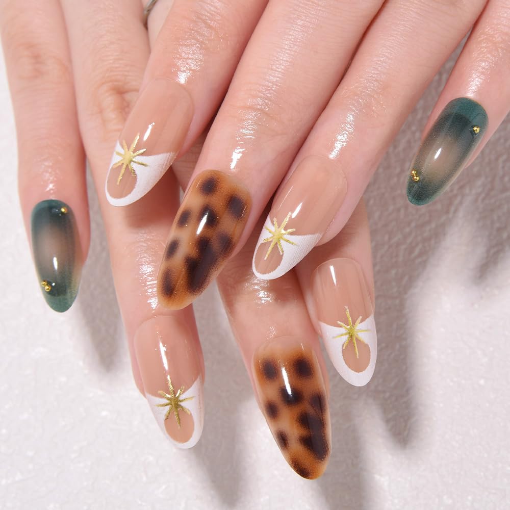 evpct Nude Pink Press on Nails Short Almond with Green Nails, Sexy Brown French Tip Stick on Nail for Women, Reusable Full Cover Soft Press on Fake Nail with 3D Gold Line Design Perfectly Fit