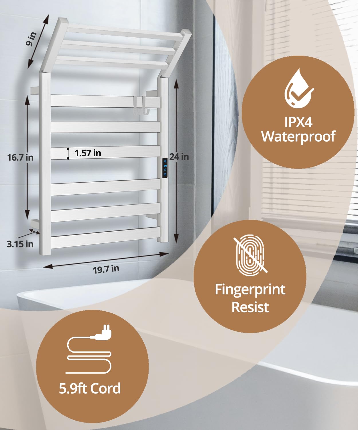 Aquatrend Towel Warmers for Bathroom, Wall-Mounted Rack with 90° Folding Towel Holder, Plug-in, Silver Nickel, Space-Saving