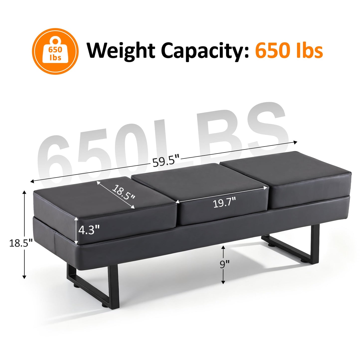 BarberPub Waiting Room Chairs, Heavy Duty Office Guest Reception Bench, Faux Leather Upholstered Lobby Chairs for Salon, Conference Room 7008 (Dark Grey)
